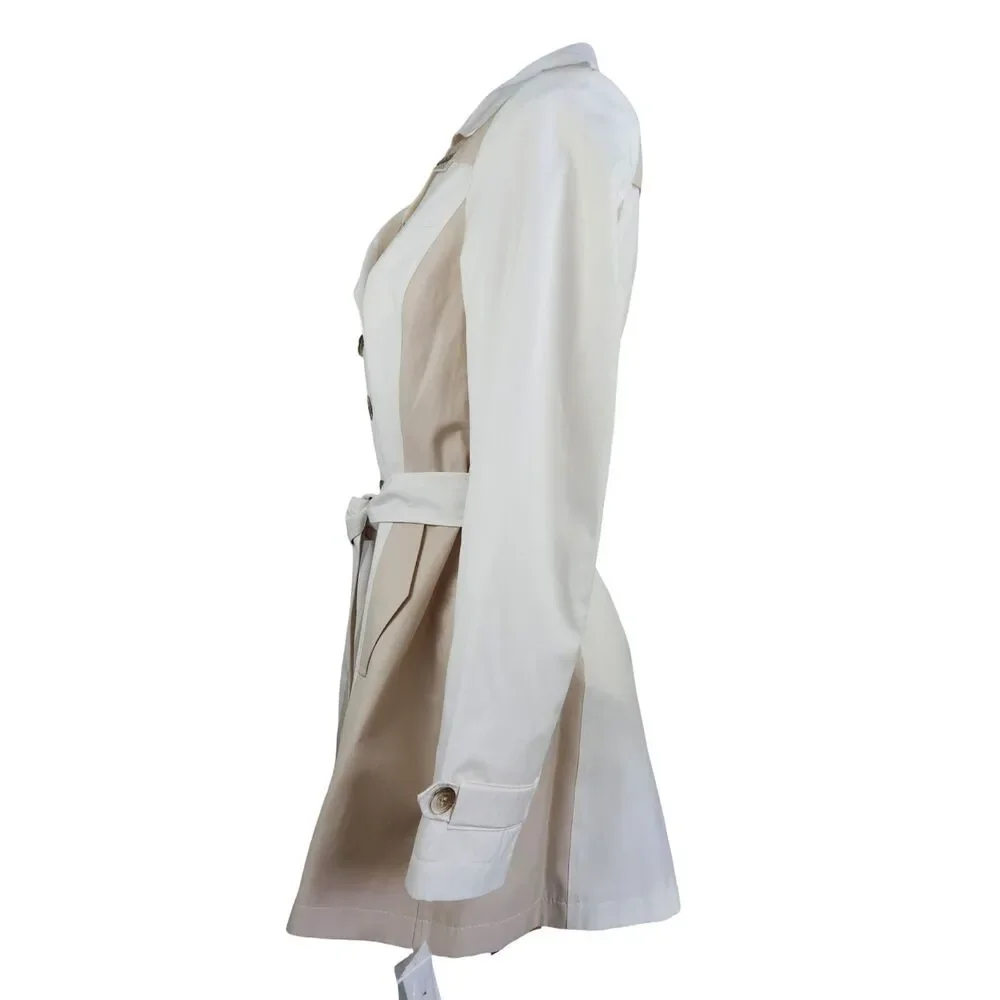 DKNY Women’s White & Tan Colorblock Belted Trench Coat – Size Large – NWOT